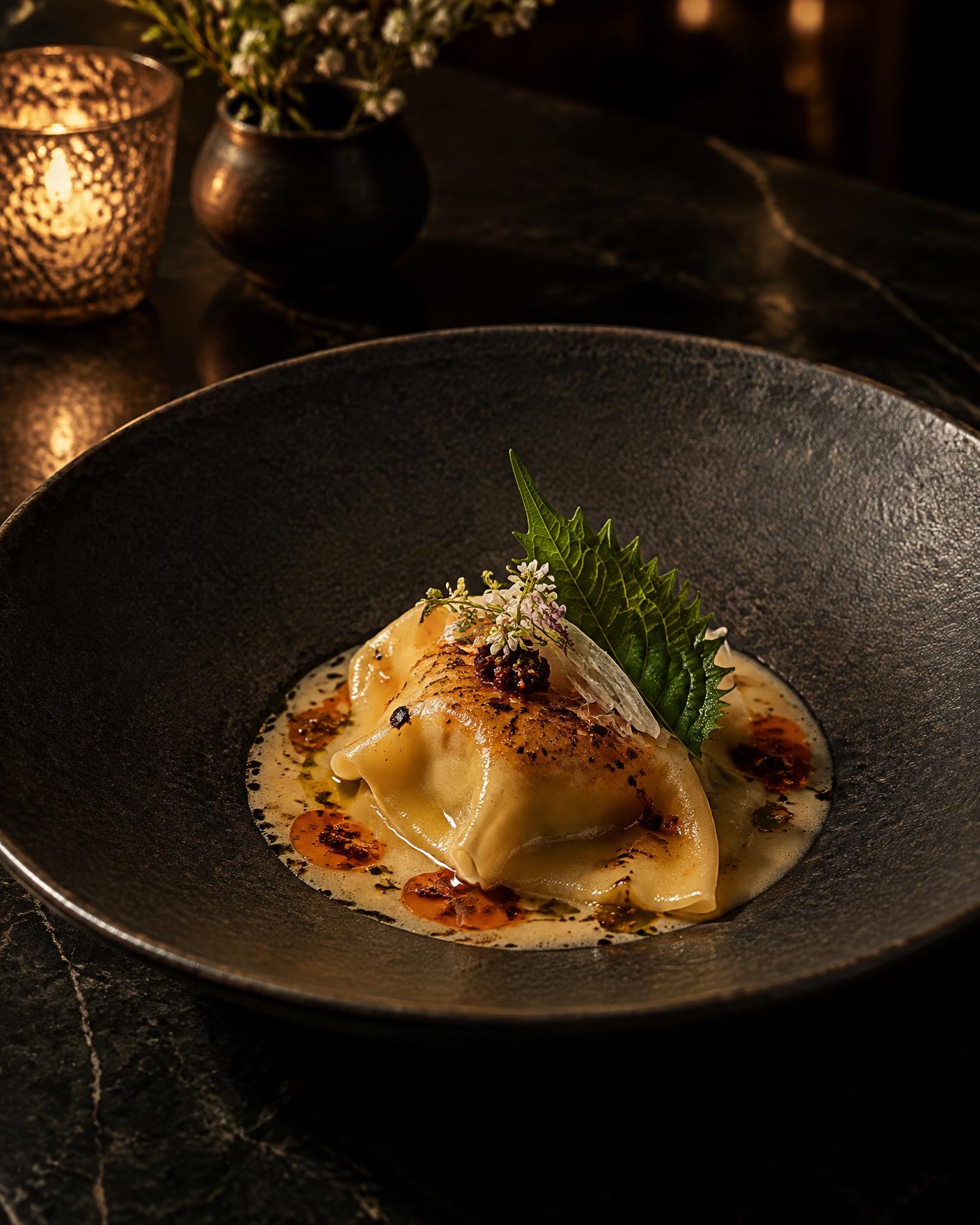 Handmade pasta with kombu beurre blanc and shiso at Mesa